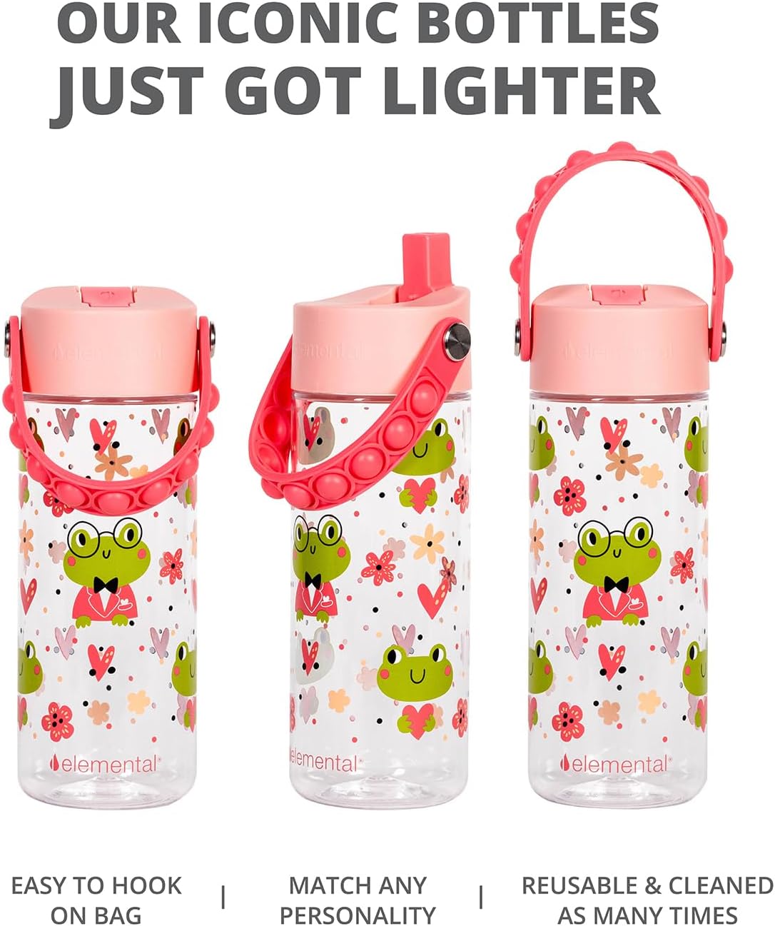 Elemental Splash 18oz Pop Bottle 2 Pack -  Clear Frog & Rose