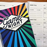 Colorful Game Night Remembered journal with game tracking pages for board game enthusiasts.