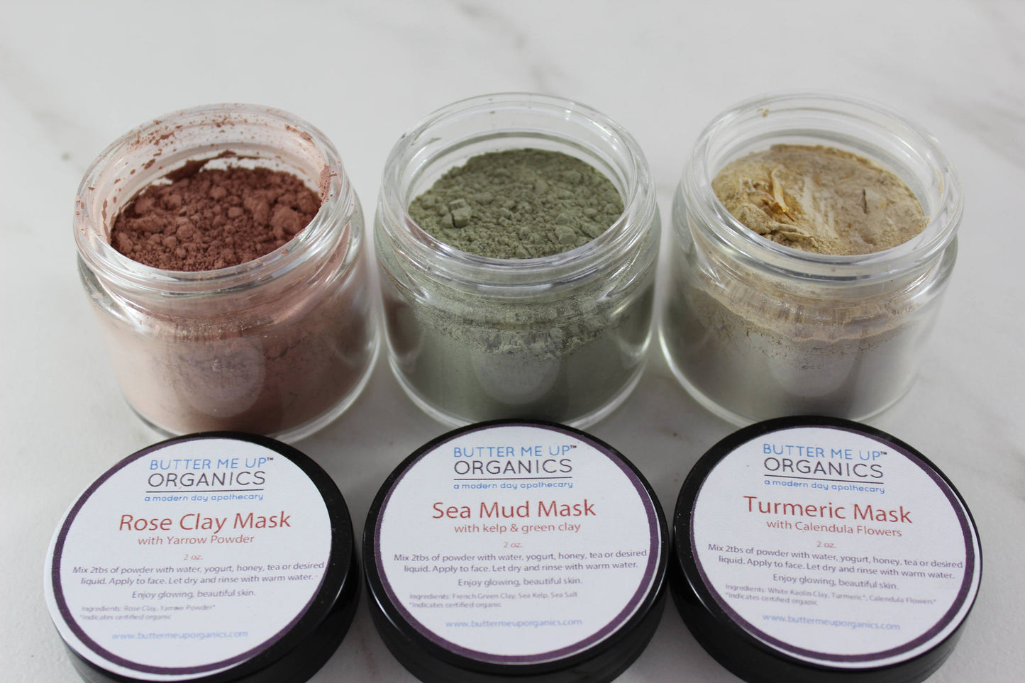 Clay Face Mask Trio Rose Clay French Green Clay Kaolin Clay Turmeric Kelp Calendula