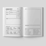 Open pages of a horror movie journal featuring sections for reviews, ratings, and summaries of films.