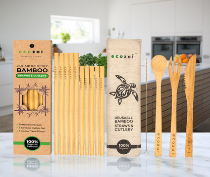 Organic Bamboo Straws and Cutlery Set with Cotton Travel bag by ecozoi