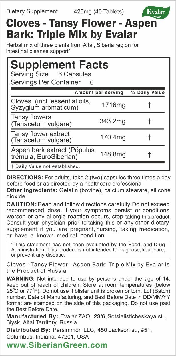 Cloves Tansy Aspen Herbal Mix by Evalar 40 Caps
