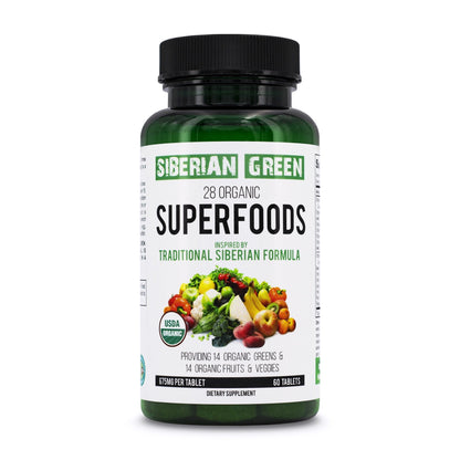 28 Superfoods Siberian Green Formula 60 Tabs - Certified Organic Essential Greens Nutritious Fruits & Veggies