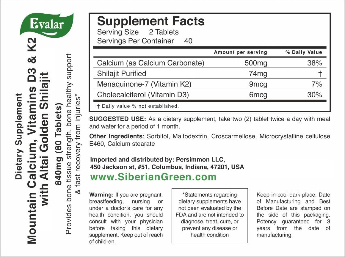 Mountain Calcium Vitamins with Shilajit by Evalar 80 Tabs