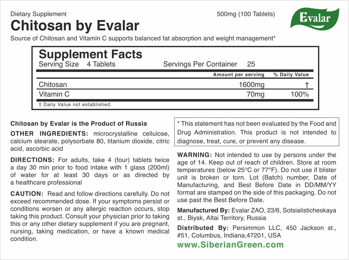 Chitosan Fiber by Evalar 100 Tabs