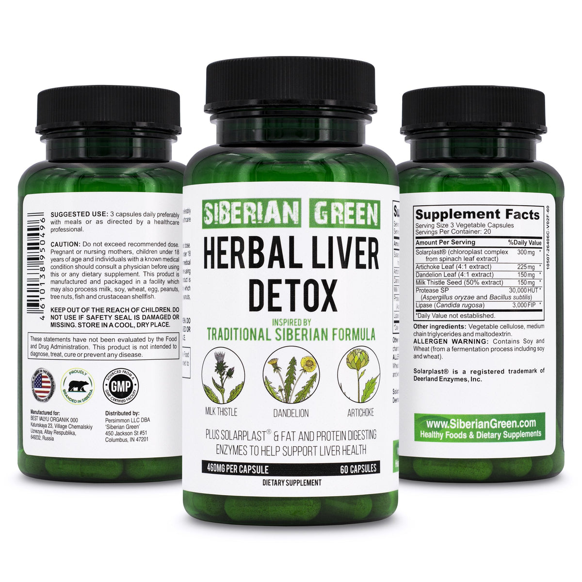 Herbal Liver Detox Siberian Green 60 Caps - Milk Thistle Artichoke Dandelion