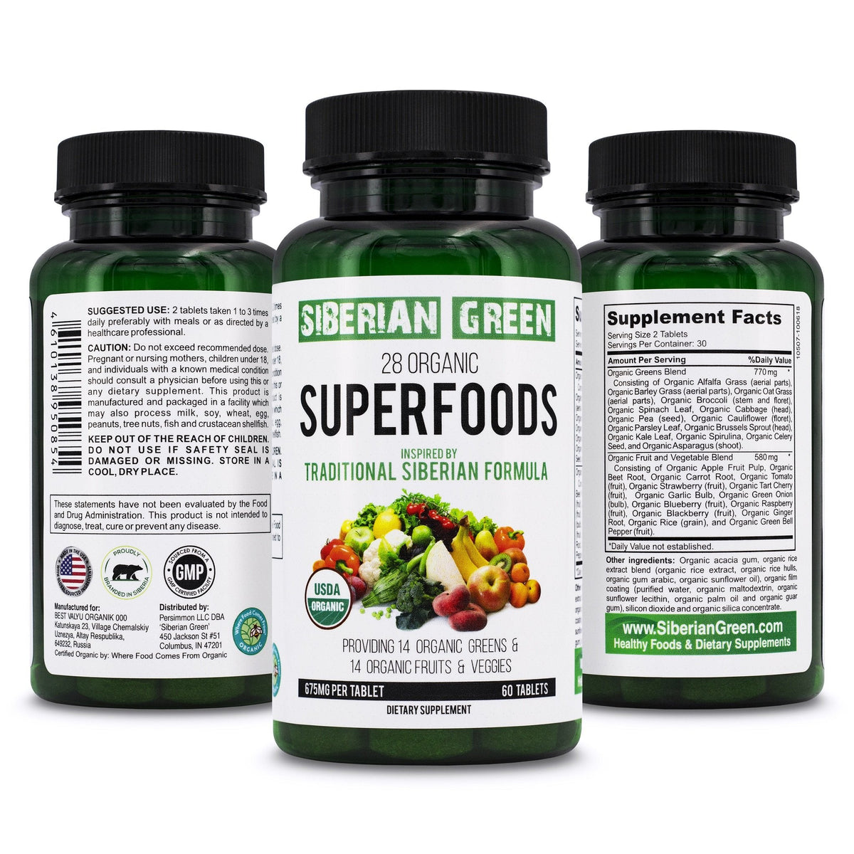 28 Superfoods Siberian Green Formula 60 Tabs - Certified Organic Essential Greens Nutritious Fruits & Veggies