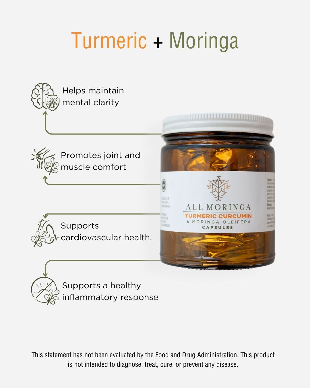 Premium Organic Turmeric Curcumin 95% Curcuminoids, Moringa Isothiocyanates & Black Pepper Piperine Extract, Vegan Capsules in a Glass Jar (Month Supply)