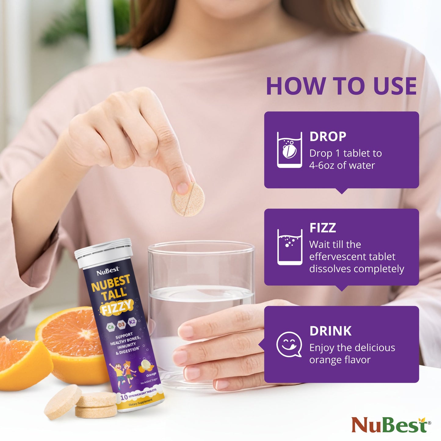 NuBest Tall Fizzy, Effervescent Tablets for Ages 4+, Orange Flavor, 10 Servings by NuBest Nutrition®