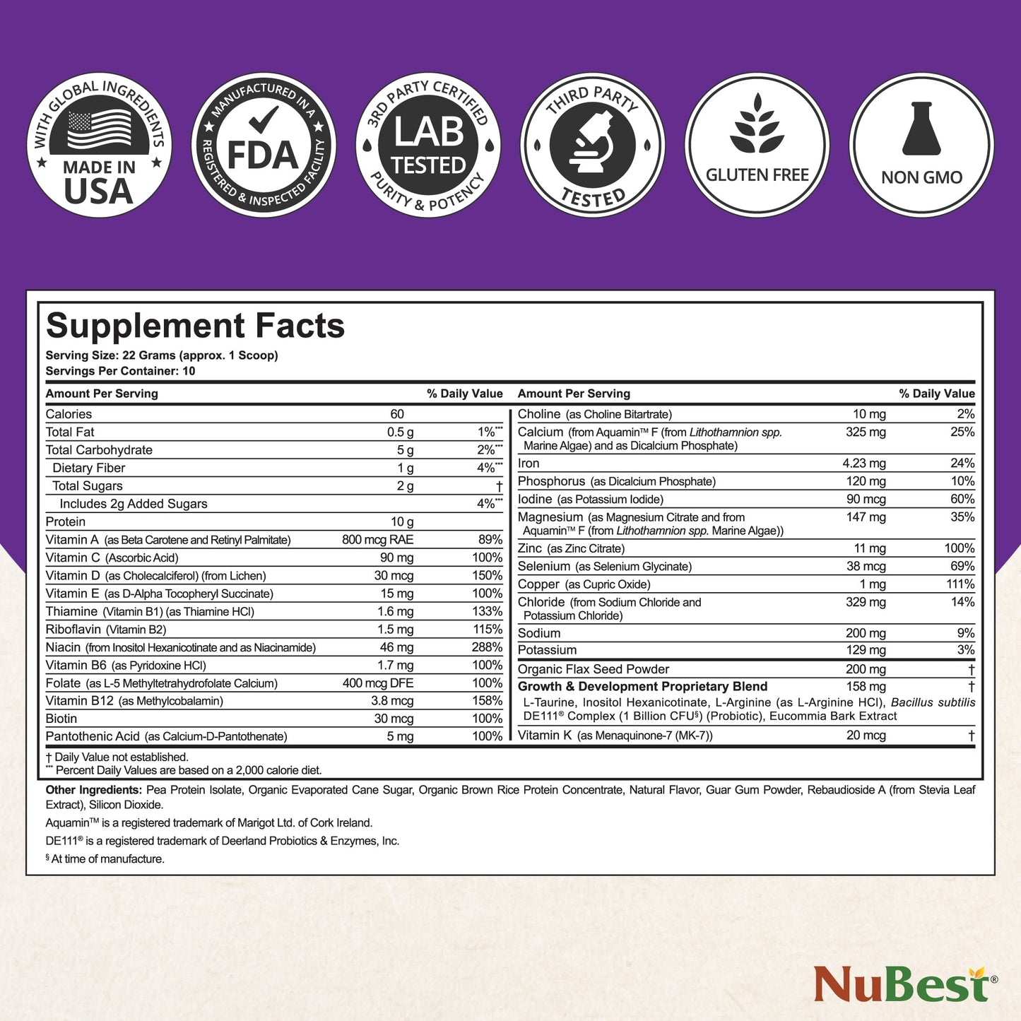 NuBest Tall Protein Vanilla Shake for Kids Ages 4+, 10 Vegan Servings by NuBest Nutrition®