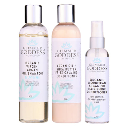 Organic Argan Oil Hair Treatment Trio, Hydrating Shampoo, Deep Conditioner, and Hair Shine Spray