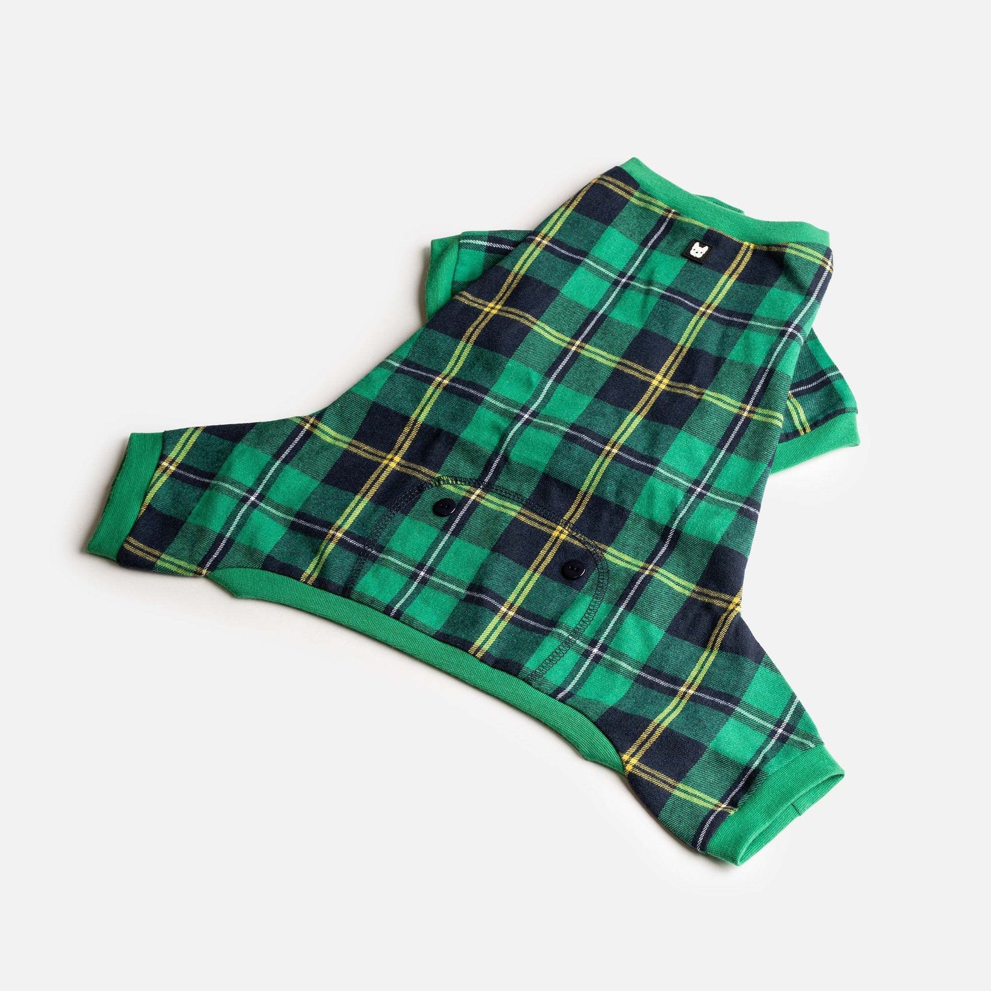 🐶 Green Plaid Dog Pajamas – Cozy Fleece Onesie with Velcro Closure
