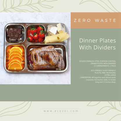 Stainless Steel Dinner Plates, Reusable, 5 Compartments, 2 Pack by ecozoi