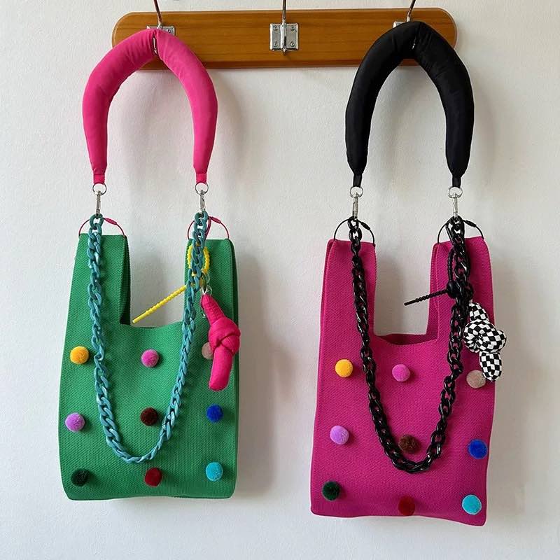 Pomponette Knited Clutch Bag, Dopamine Whimsical Cute Shopper Bag