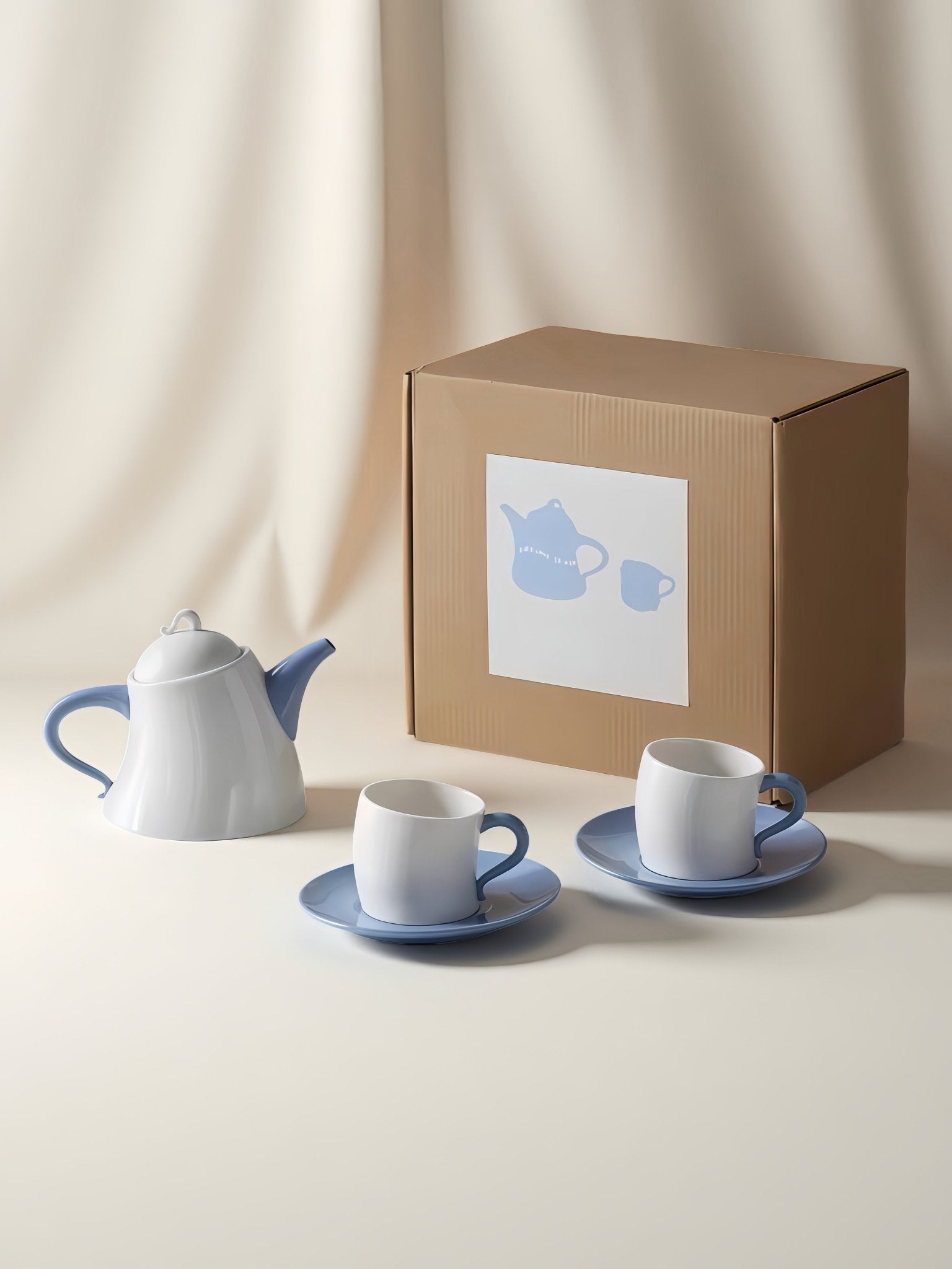 Postmodern Whimsical Wiggle Handle Ceramic Tea Set with Teapot and Mugs
