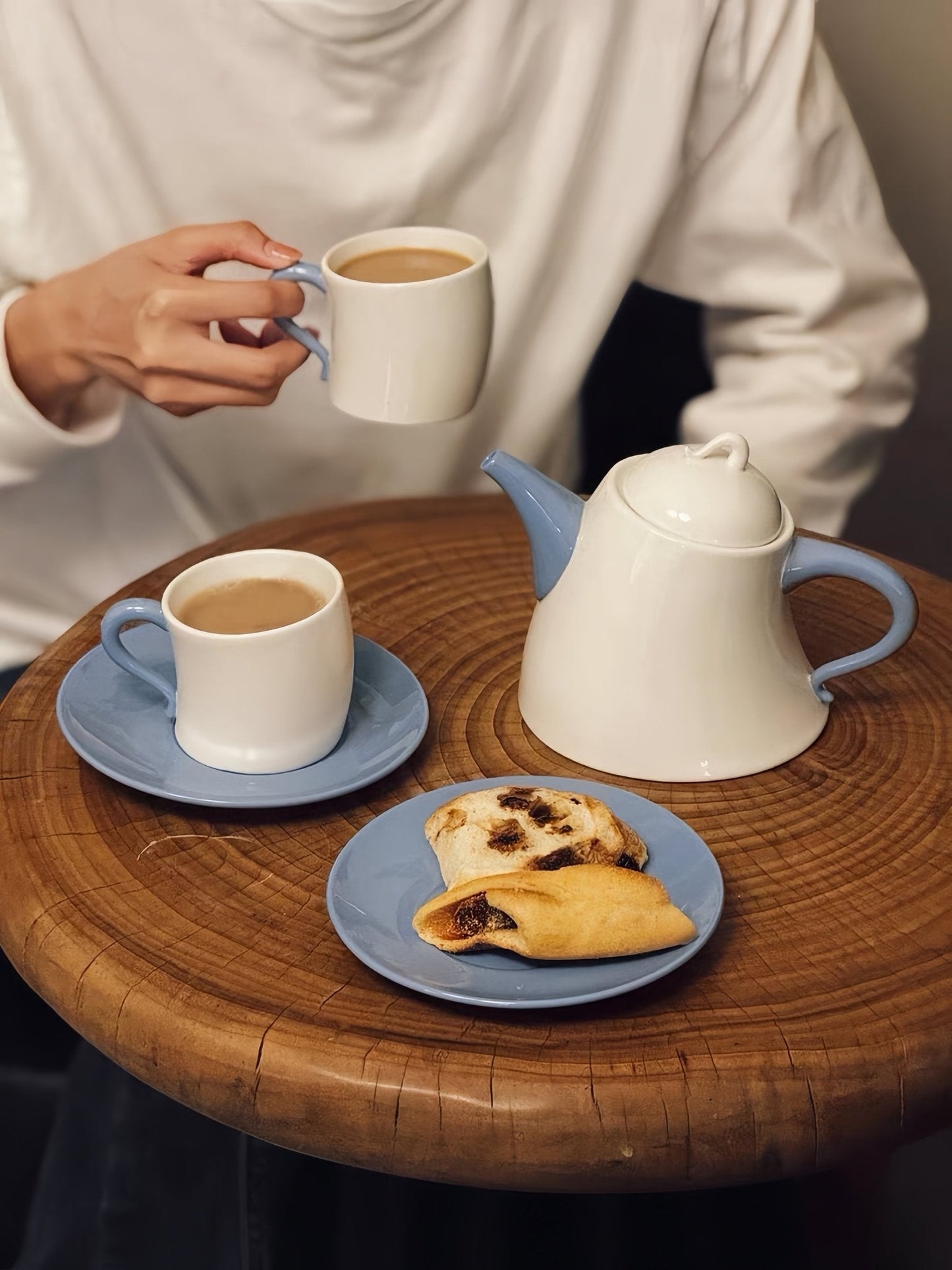 Postmodern Whimsical Wiggle Handle Ceramic Tea Set with Teapot and Mugs