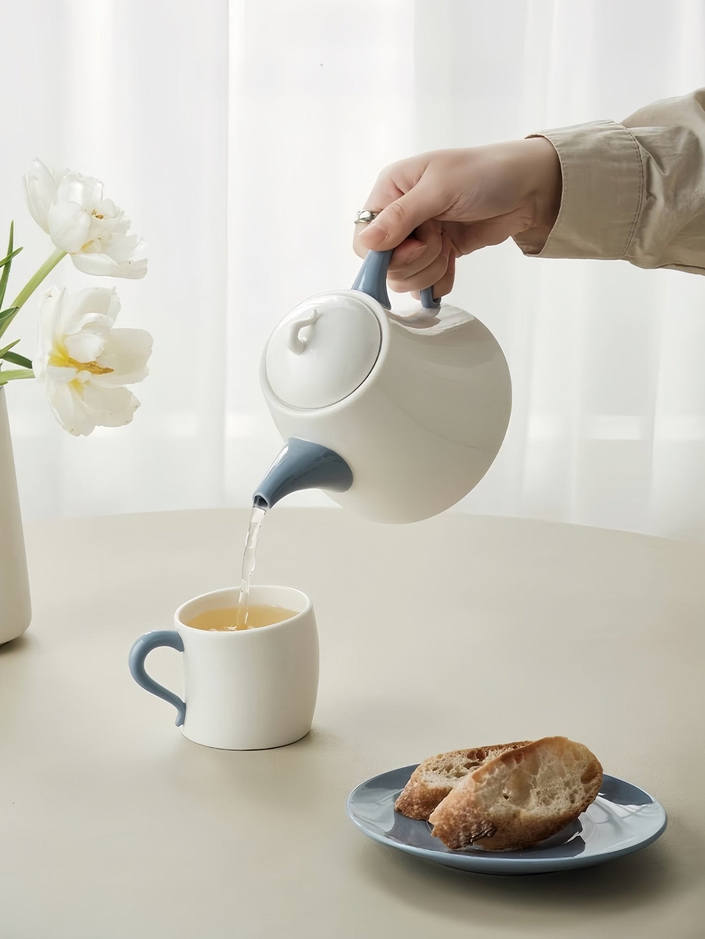Postmodern Whimsical Wiggle Handle Ceramic Tea Set with Teapot and Mugs