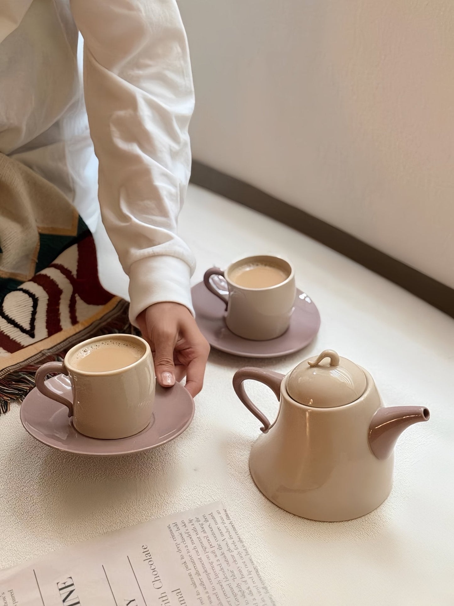 Postmodern Whimsical Wiggle Handle Ceramic Tea Set with Teapot and Mugs