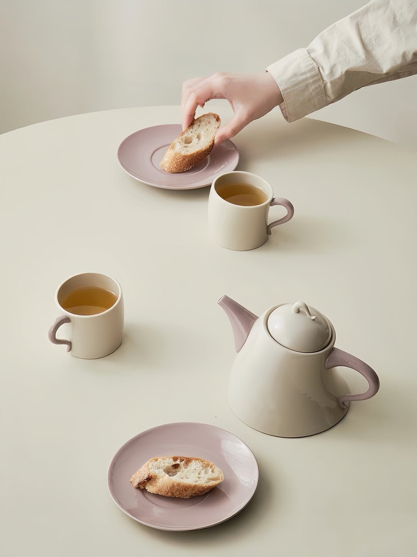 Postmodern Whimsical Wiggle Handle Ceramic Tea Set with Teapot and Mugs