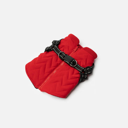 Quilted Dog Jacket With Built-In Harness - Red