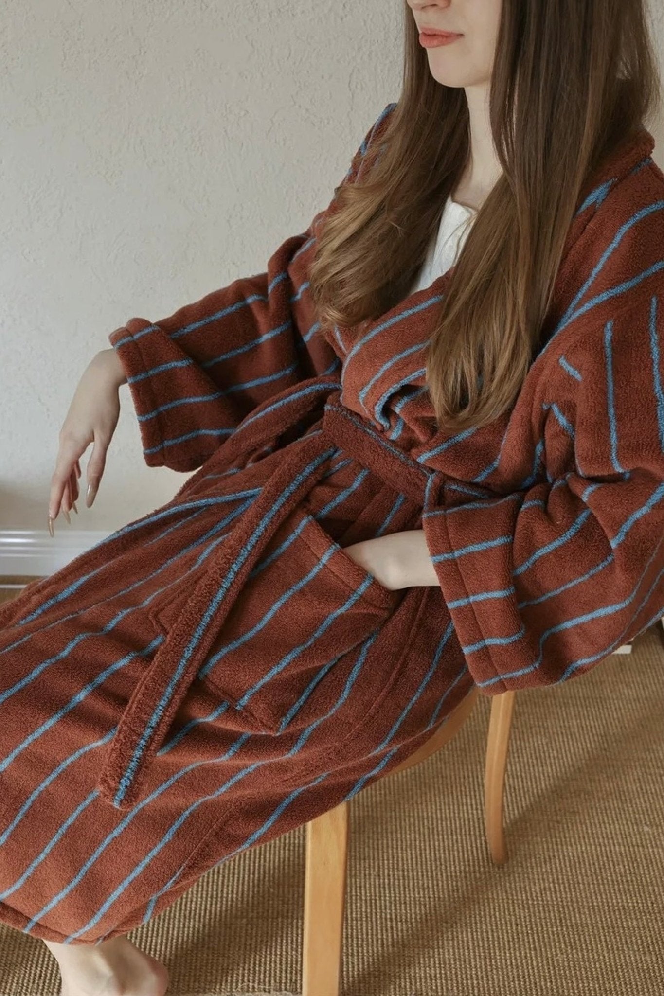 Retro Earthy Pinstripe Cotton Robe - 460 GSM Soft Absorbent Robe for Slow Living
