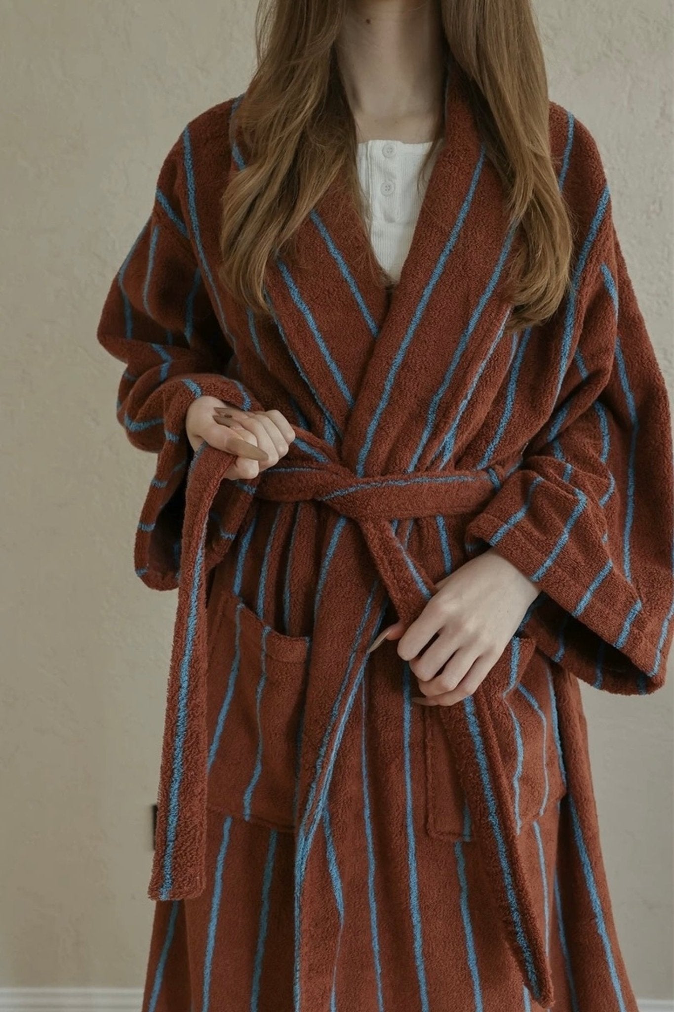 Retro Earthy Pinstripe Cotton Robe - 460 GSM Soft Absorbent Robe for Slow Living