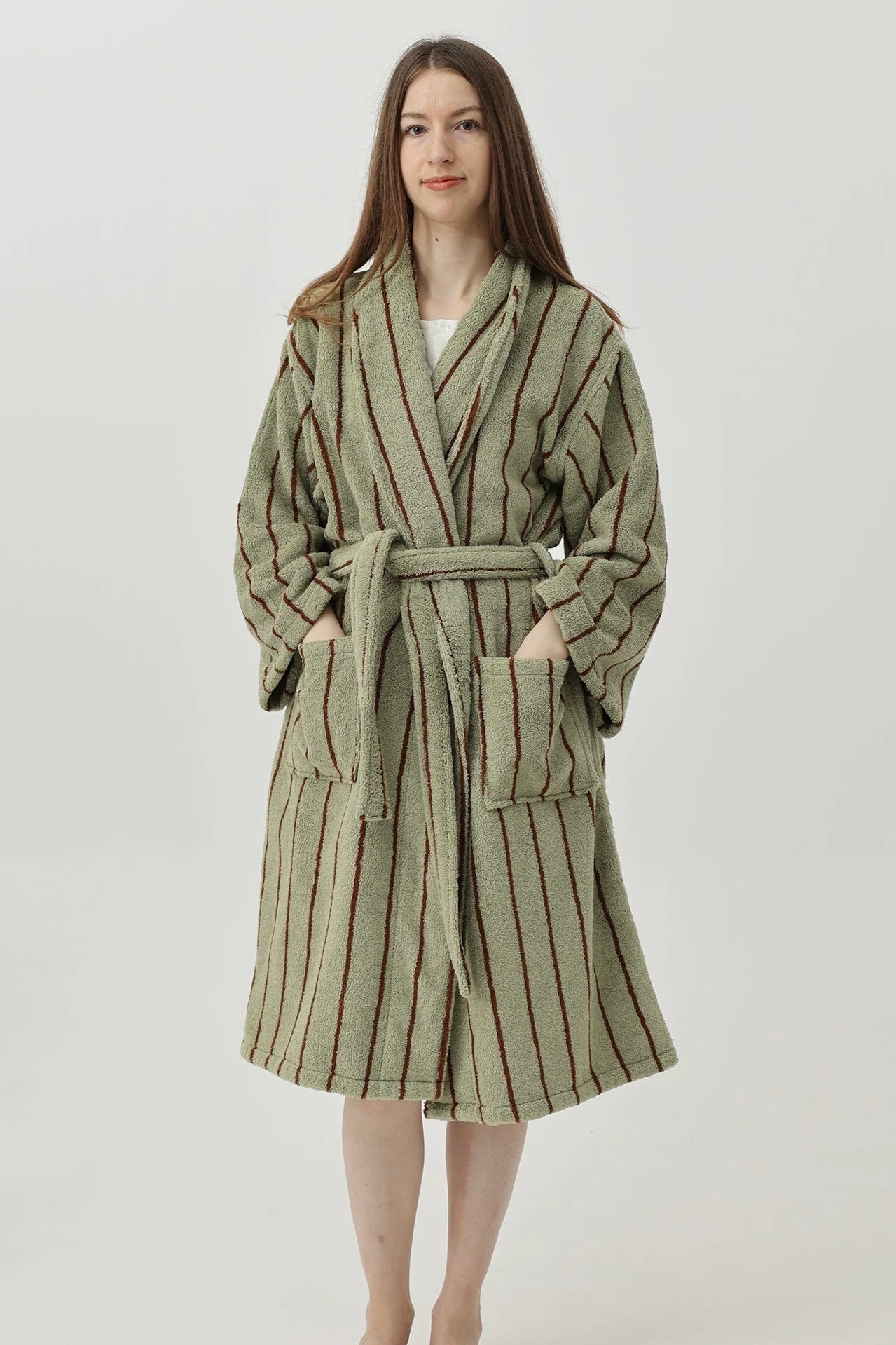 Retro Earthy Pinstripe Cotton Robe - 460 GSM Soft Absorbent Robe for Slow Living