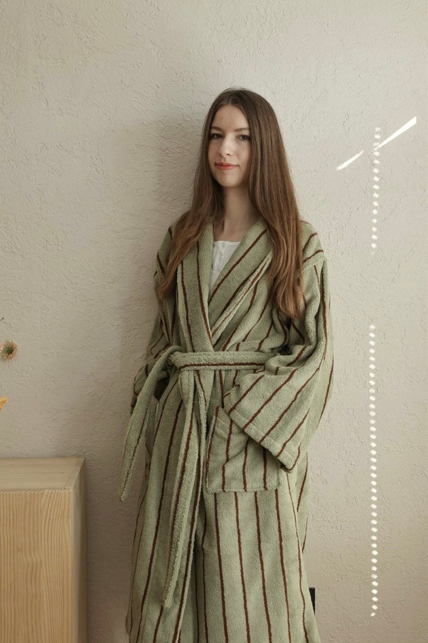 Retro Earthy Pinstripe Cotton Robe - 460 GSM Soft Absorbent Robe for Slow Living