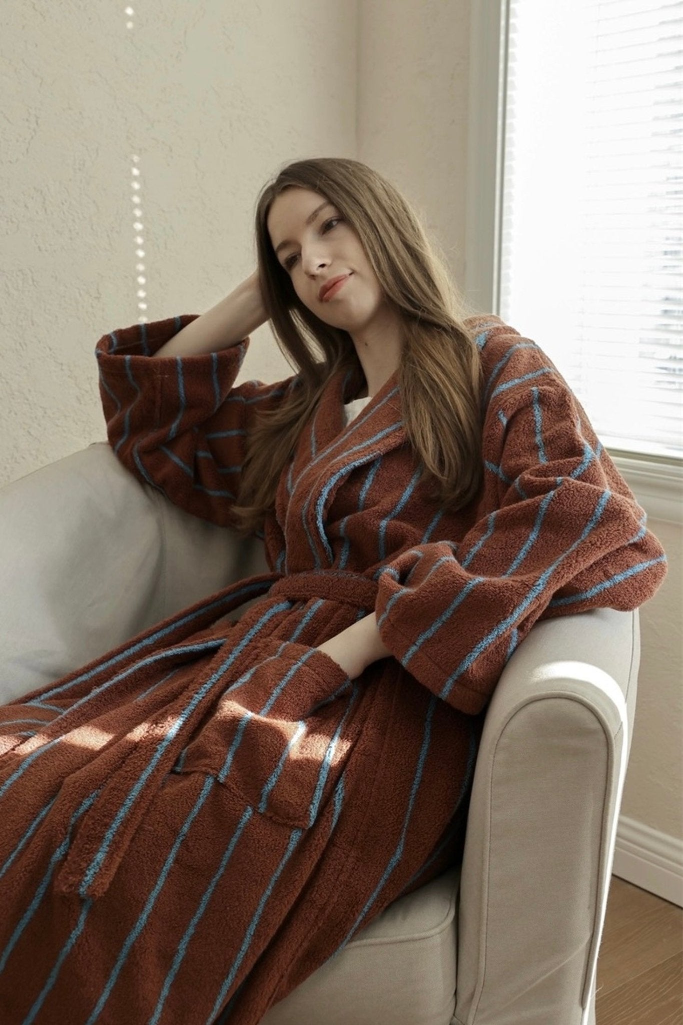 Retro Earthy Pinstripe Cotton Robe - 460 GSM Soft Absorbent Robe for Slow Living