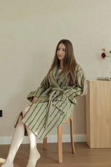 Retro Earthy Pinstripe Cotton Robe - 460 GSM Soft Absorbent Robe for Slow Living