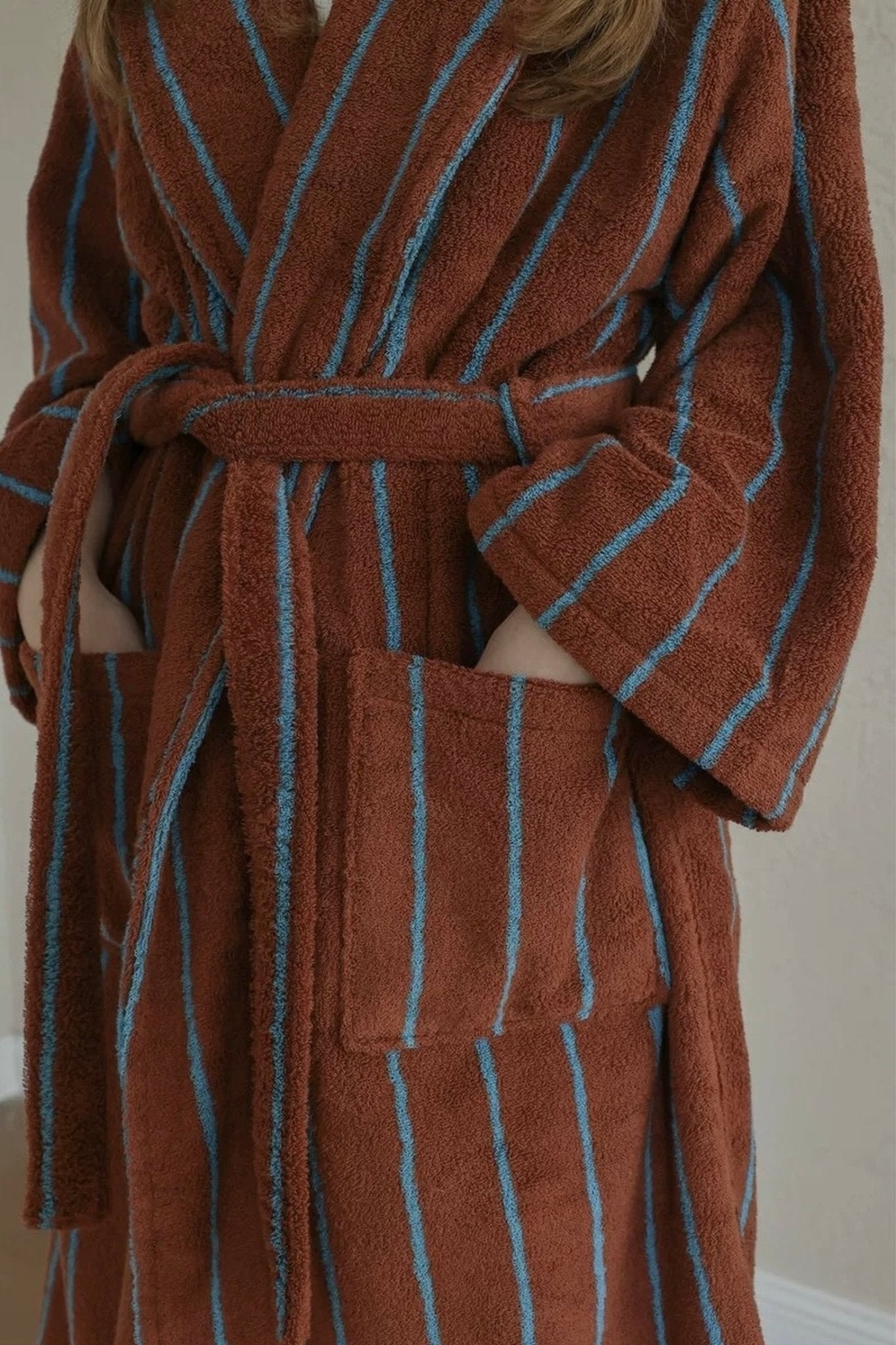 Retro Earthy Pinstripe Cotton Robe - 460 GSM Soft Absorbent Robe for Slow Living