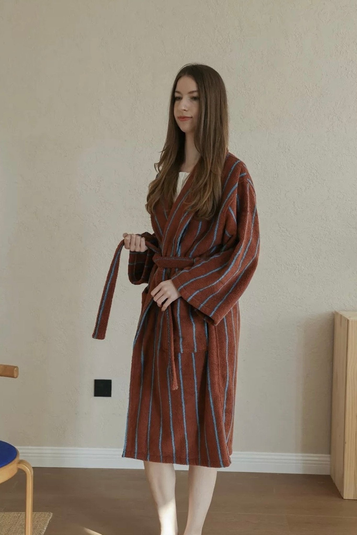 Retro Earthy Pinstripe Cotton Robe - 460 GSM Soft Absorbent Robe for Slow Living