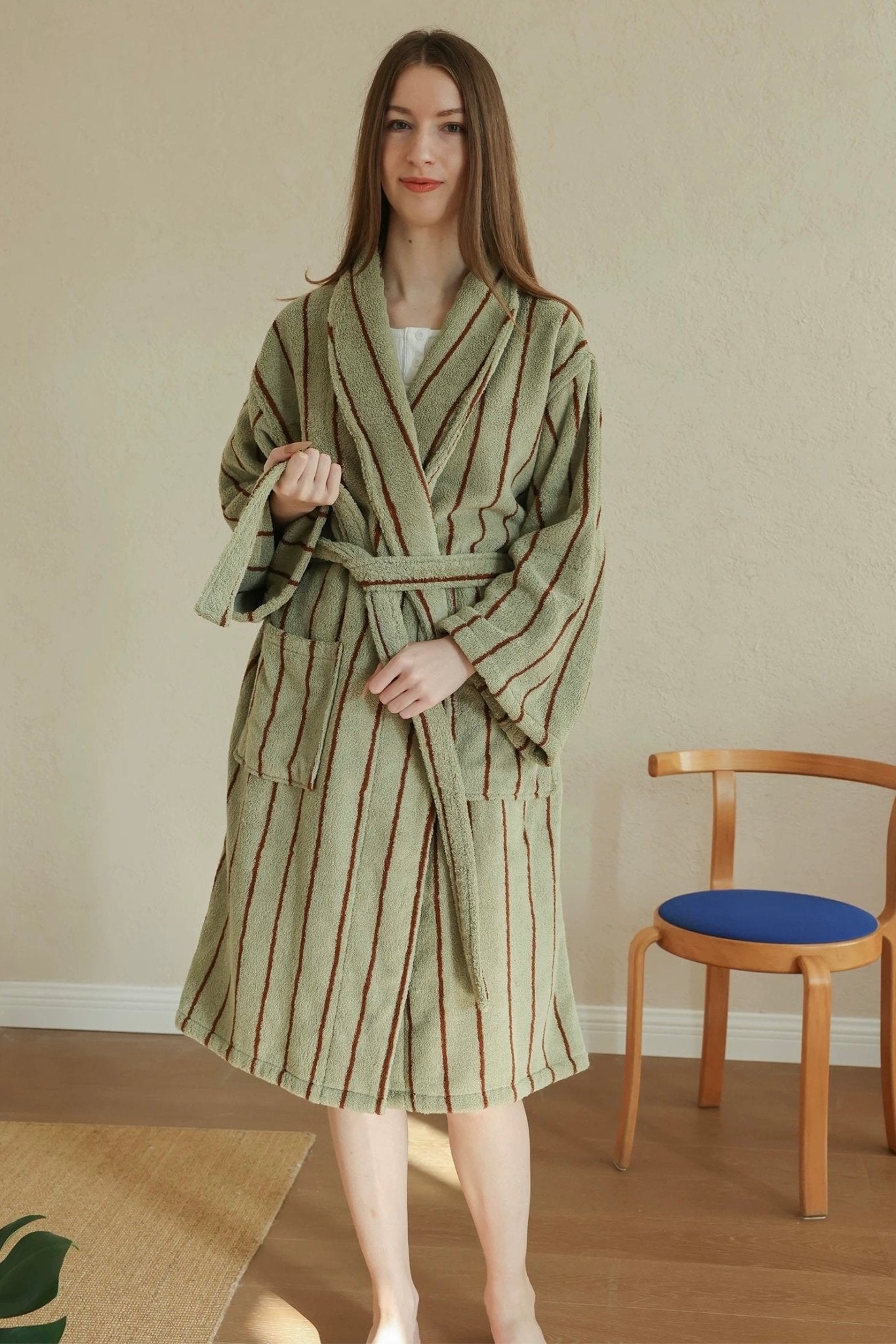 Retro Earthy Pinstripe Cotton Robe - 460 GSM Soft Absorbent Robe for Slow Living