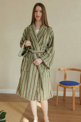 Retro Earthy Pinstripe Cotton Robe - 460 GSM Soft Absorbent Robe for Slow Living