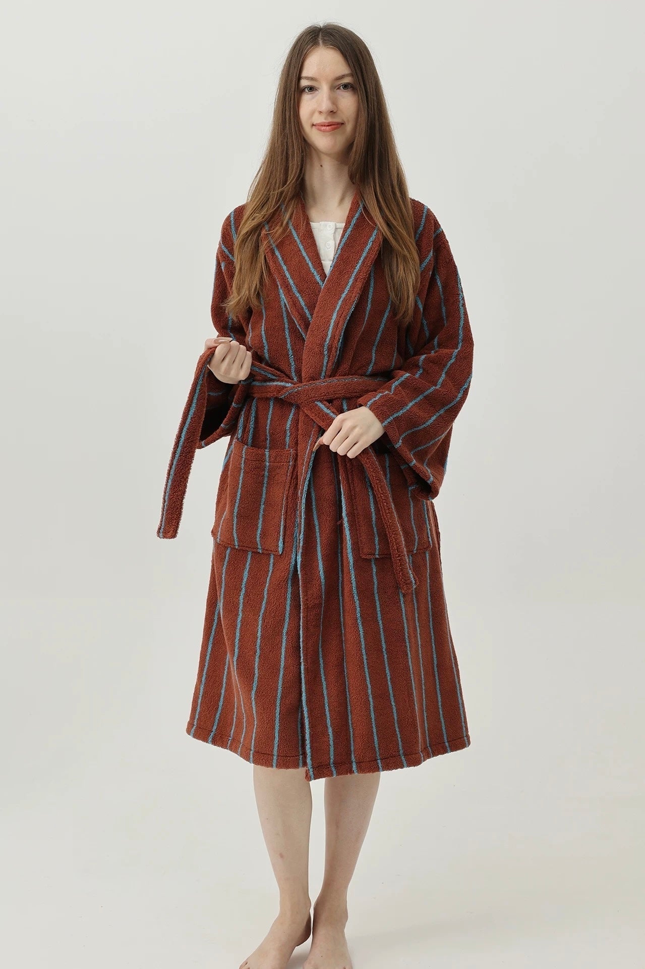 Retro Earthy Pinstripe Cotton Robe - 460 GSM Soft Absorbent Robe for Slow Living
