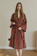 Retro Earthy Pinstripe Cotton Robe - 460 GSM Soft Absorbent Robe for Slow Living