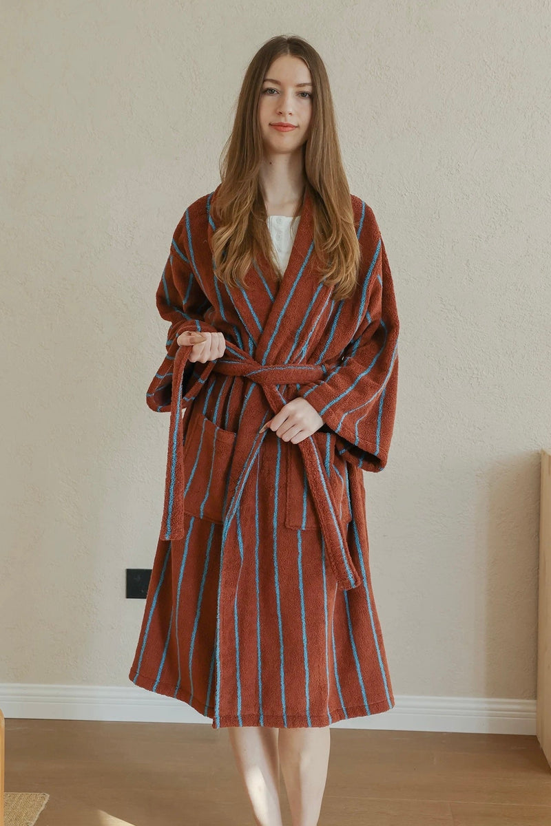 Retro Earthy Pinstripe Cotton Robe - 460 GSM Soft Absorbent Robe for Slow Living