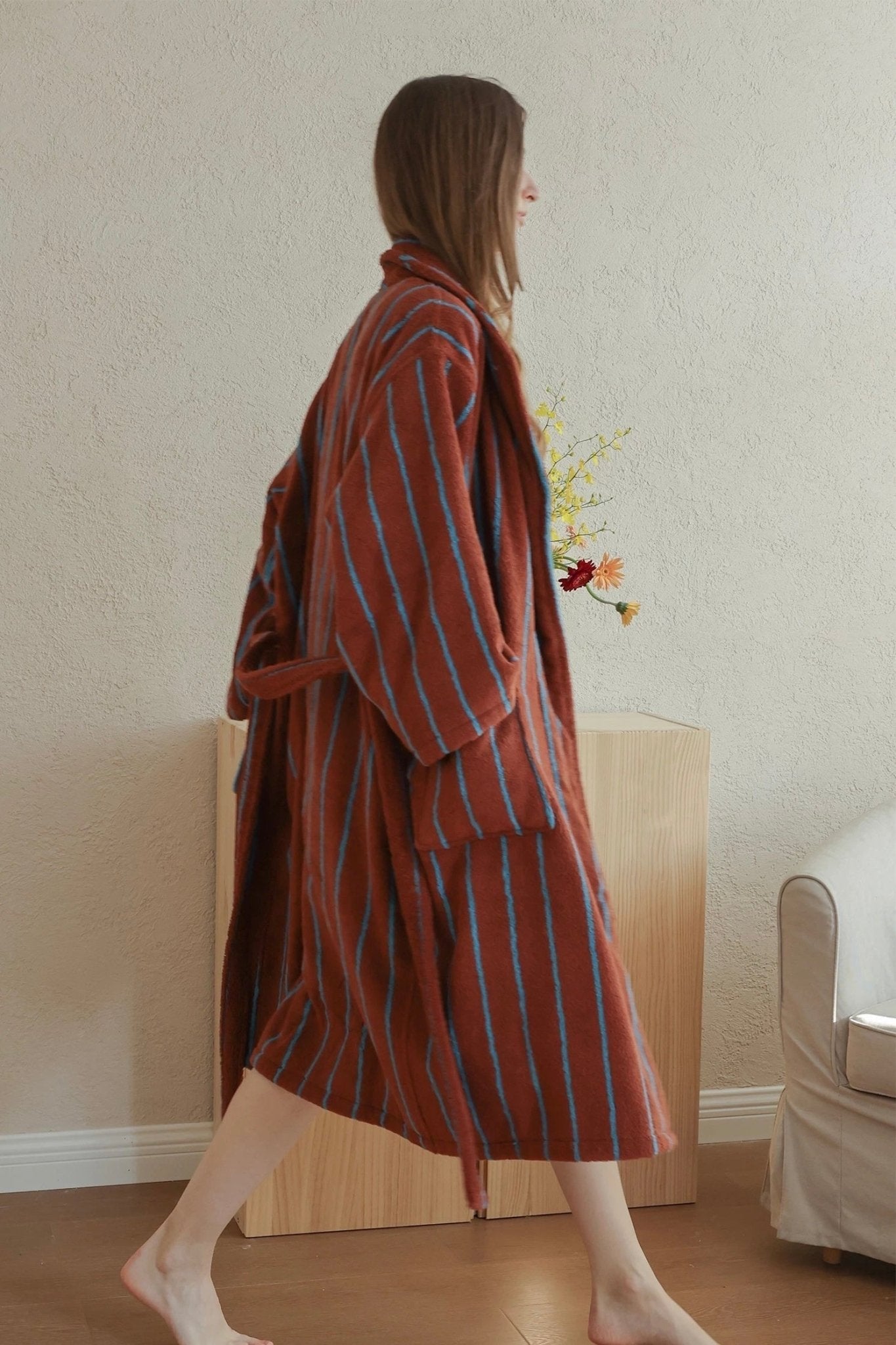 Retro Earthy Pinstripe Cotton Robe - 460 GSM Soft Absorbent Robe for Slow Living
