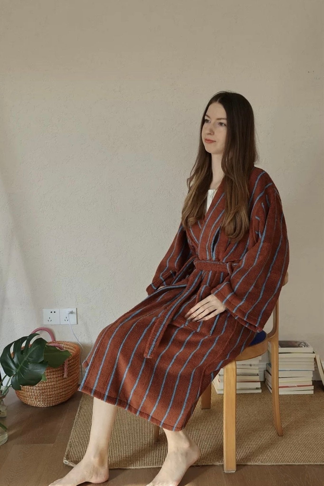 Retro Earthy Pinstripe Cotton Robe - 460 GSM Soft Absorbent Robe for Slow Living
