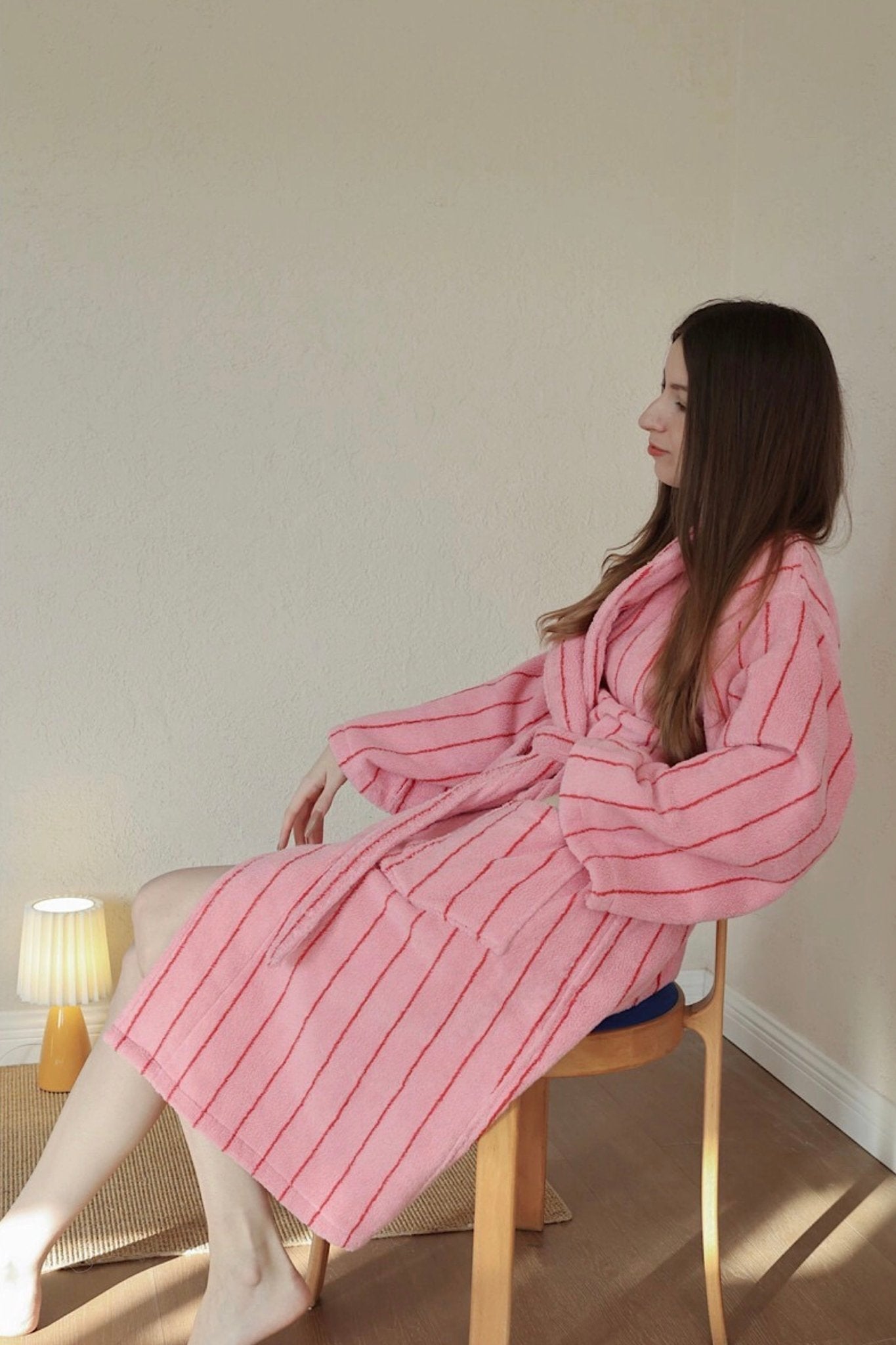 Retro Pastel Stripe Cotton Bath Robe - Plush Soft Absorbent Lounge Robe