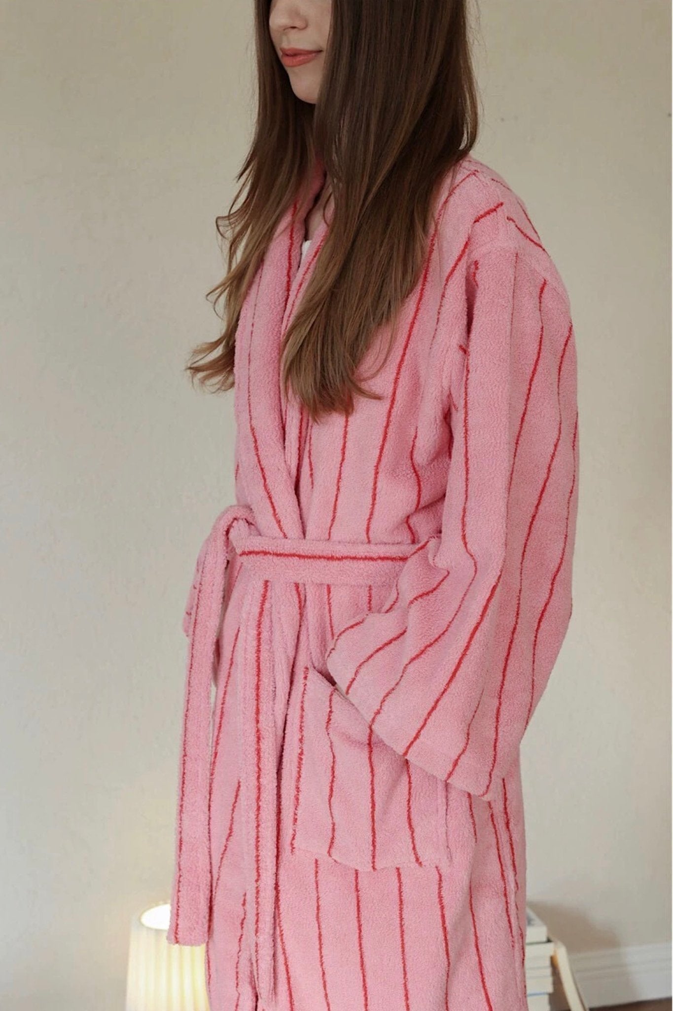 Retro Pastel Stripe Cotton Bath Robe - Plush Soft Absorbent Lounge Robe