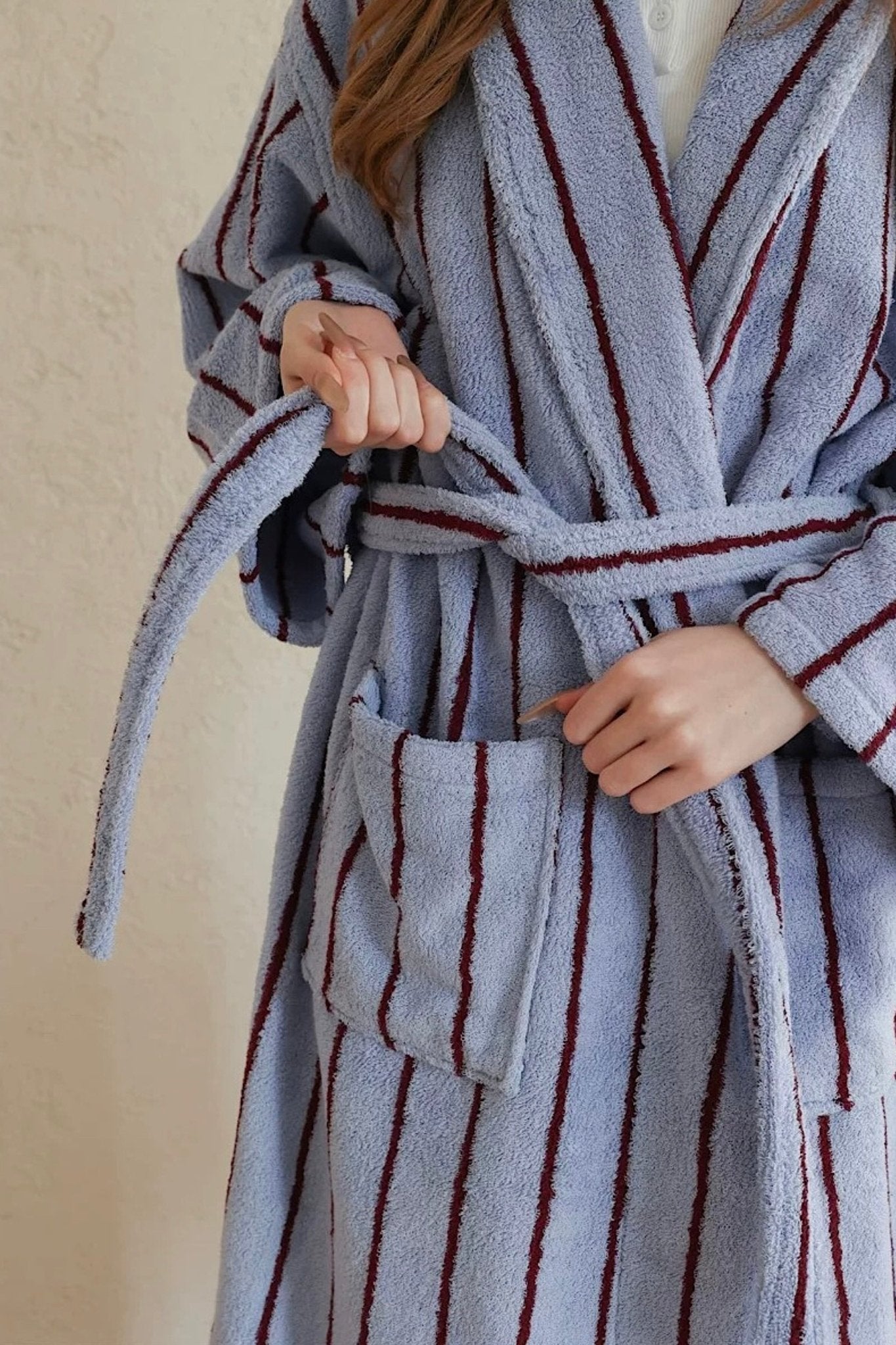 Retro Pastel Stripe Cotton Bath Robe - Plush Soft Absorbent Lounge Robe