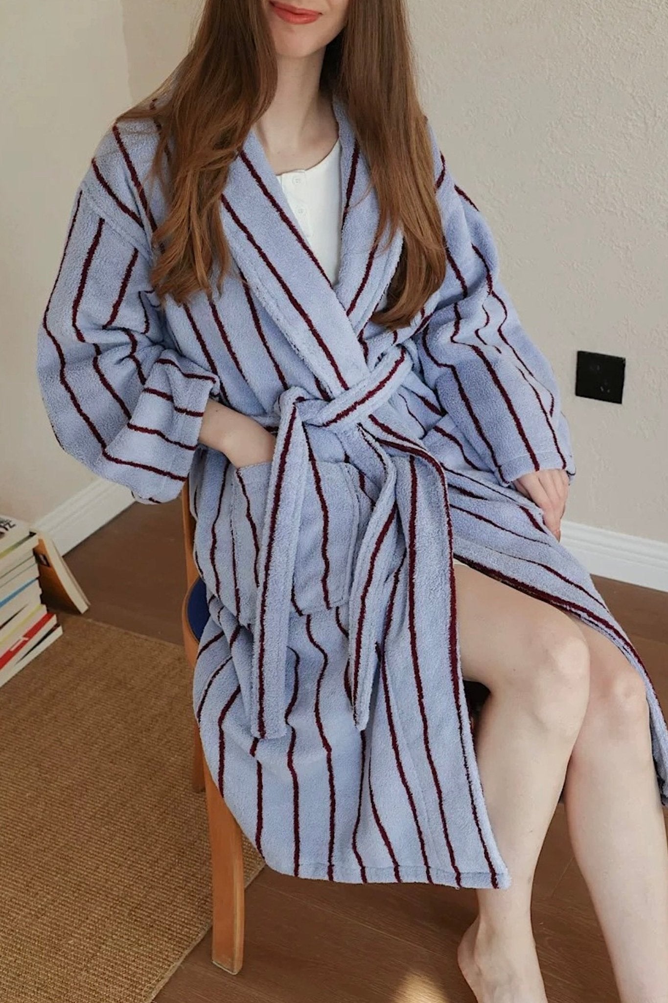 Retro Pastel Stripe Cotton Bath Robe - Plush Soft Absorbent Lounge Robe