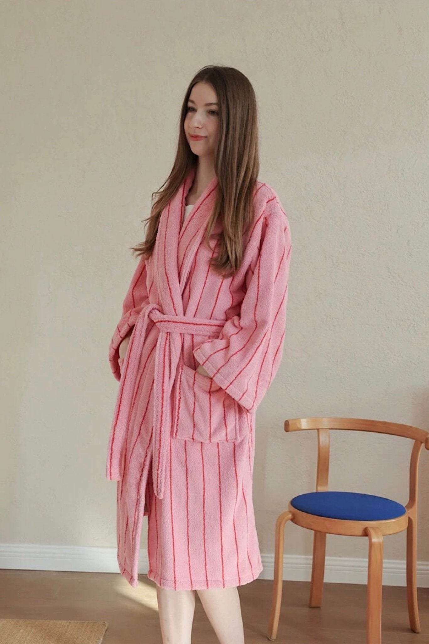 Retro Pastel Stripe Cotton Bath Robe - Plush Soft Absorbent Lounge Robe