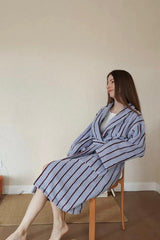 Retro Pastel Stripe Cotton Bath Robe - Plush Soft Absorbent Lounge Robe