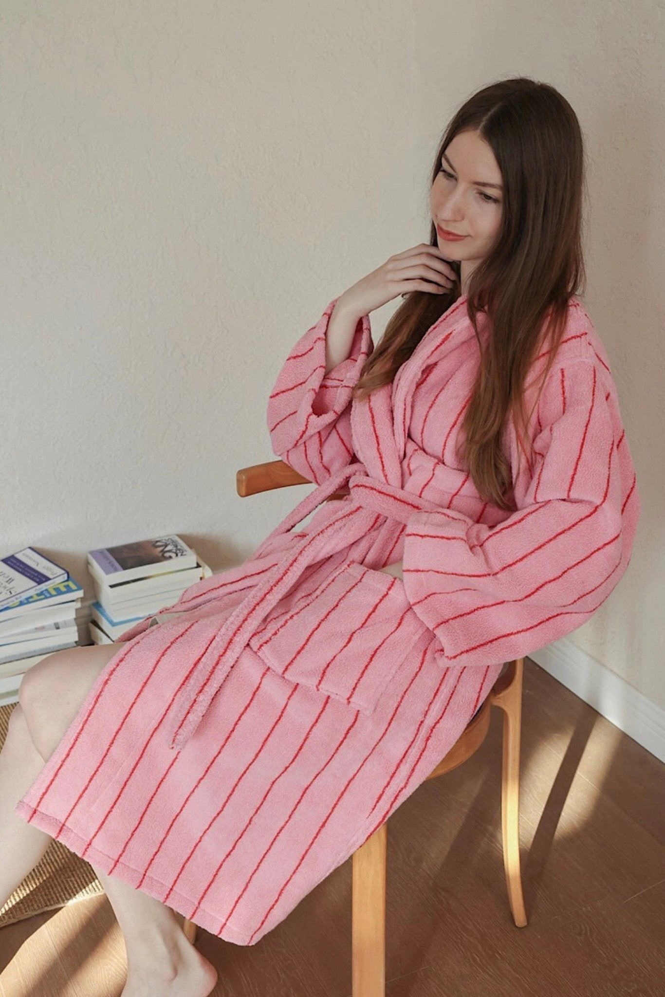Retro Pastel Stripe Cotton Bath Robe - Plush Soft Absorbent Lounge Robe