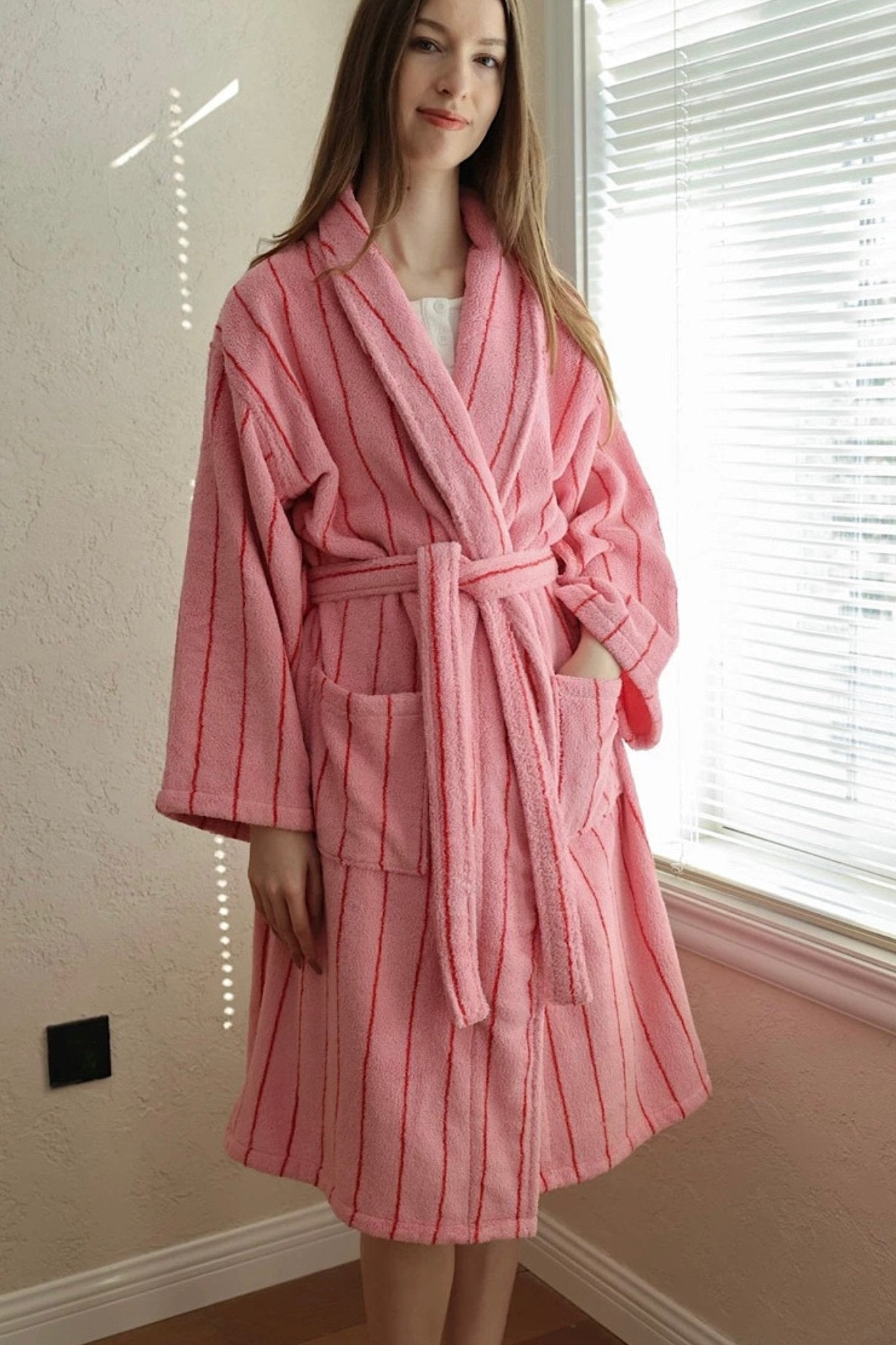 Retro Pastel Stripe Cotton Bath Robe - Plush Soft Absorbent Lounge Robe