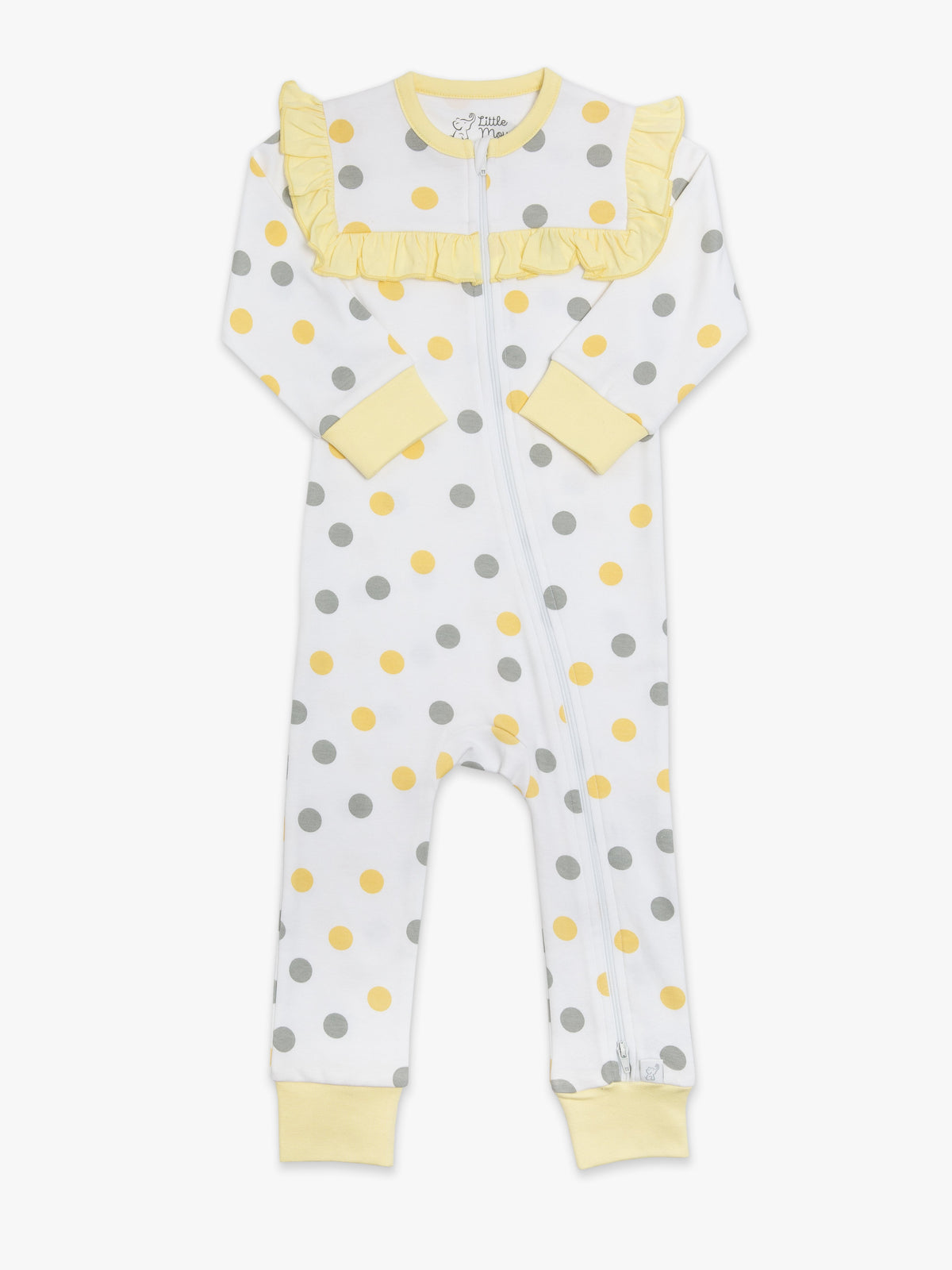 Organic Cotton Ruffled Romper - Yellow & Gray Polka by Little Moy