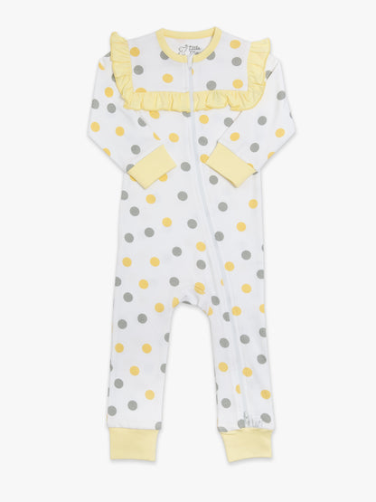 Organic Cotton Ruffled Romper - Yellow & Gray Polka by Little Moy