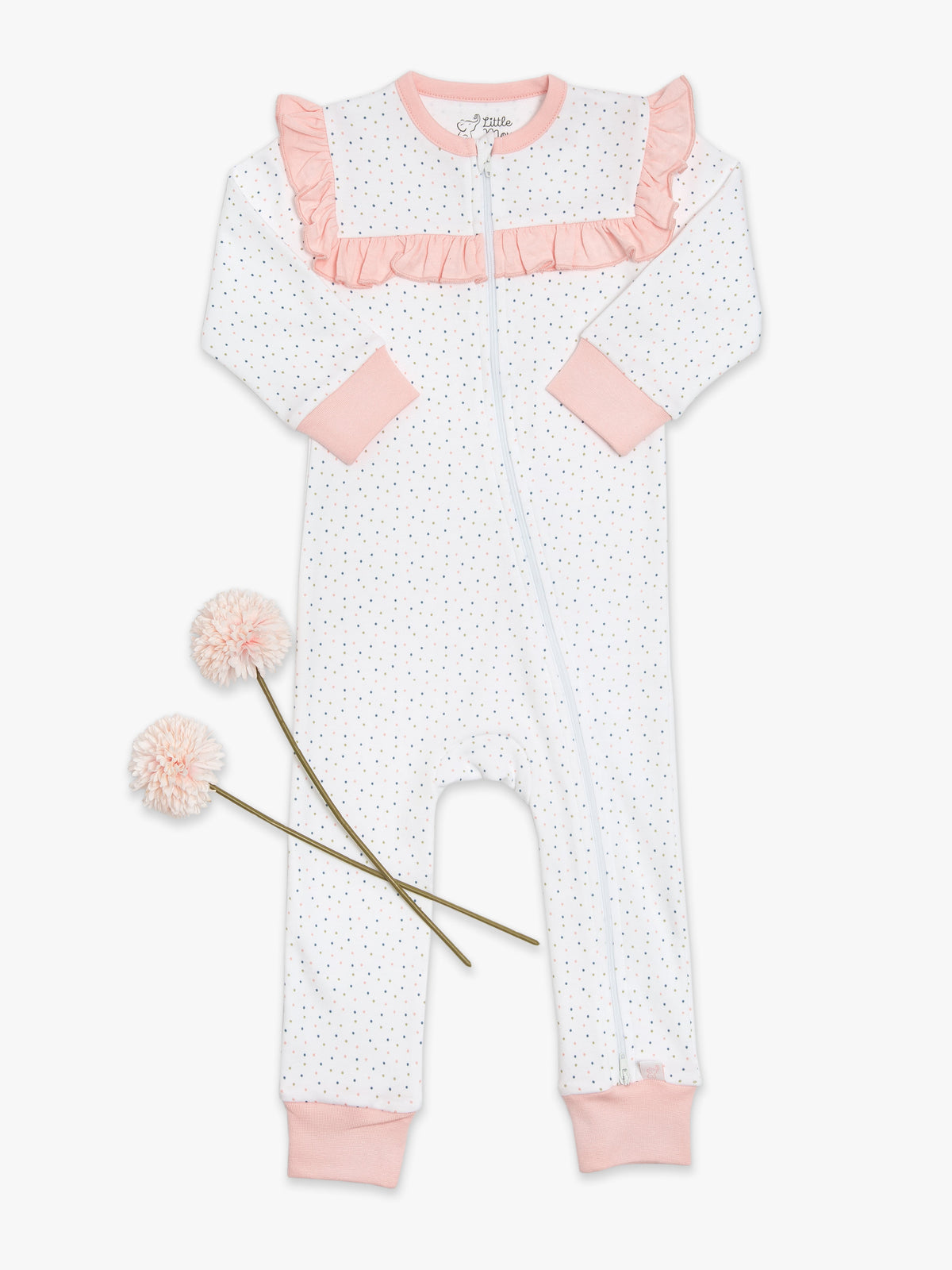 Organic Cotton Ruffled Romper - Pink Polka by Little Moy